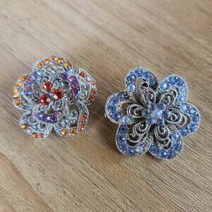 2 Vtg Silver Tone Flower Brooch Blue Orange Red Rhinestone Filigree Swirl Lovely